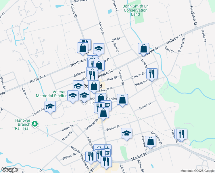 map of restaurants, bars, coffee shops, grocery stores, and more near 42 Church Street in Rockland
