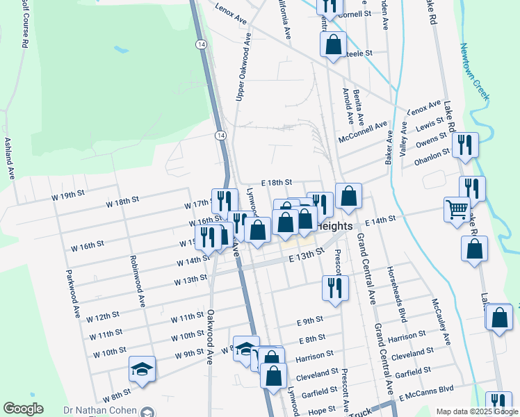 map of restaurants, bars, coffee shops, grocery stores, and more near 239 Birchwood Avenue in Elmira