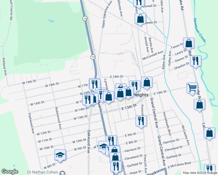 map of restaurants, bars, coffee shops, grocery stores, and more near 239 Birchwood Avenue in Elmira