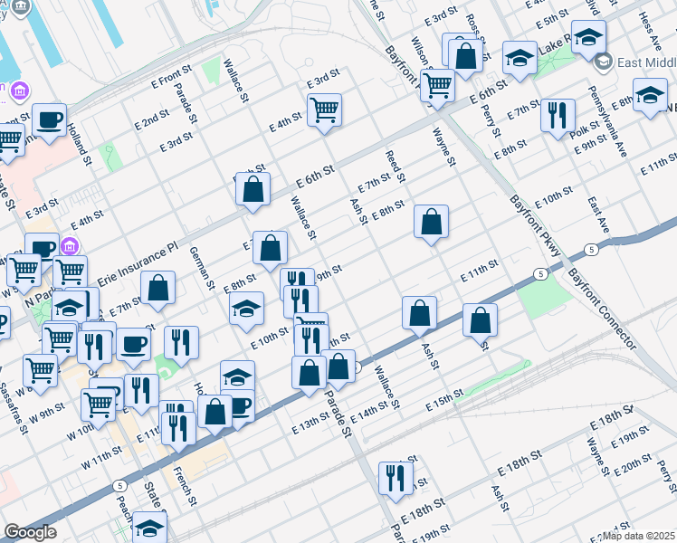 map of restaurants, bars, coffee shops, grocery stores, and more near 511 11 5 E 9 Street in Erie