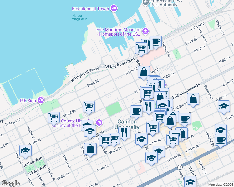 map of restaurants, bars, coffee shops, grocery stores, and more near 314 Sassafras Street in Erie