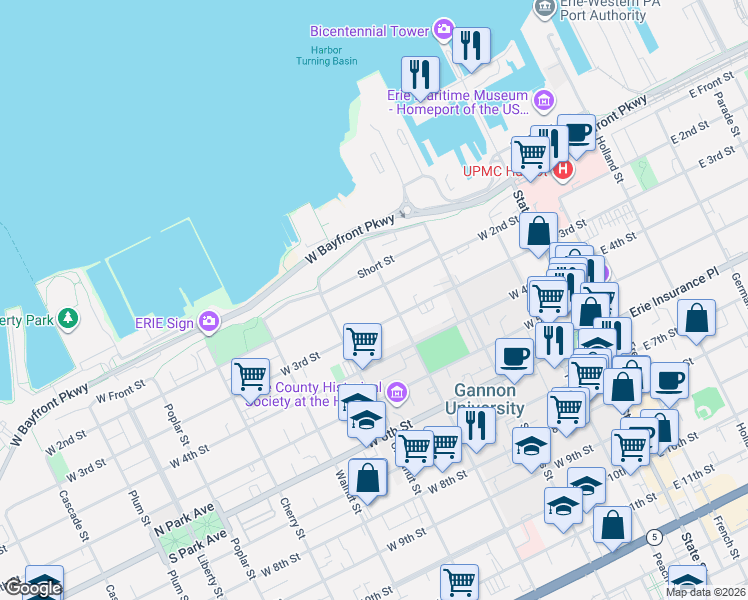 map of restaurants, bars, coffee shops, grocery stores, and more near 214 Myrtle Street in Erie