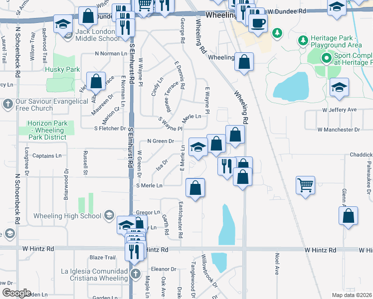 map of restaurants, bars, coffee shops, grocery stores, and more near 483 East Merle Lane in Wheeling