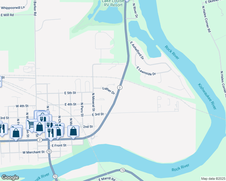 map of restaurants, bars, coffee shops, grocery stores, and more near 625 Luther Drive in Byron