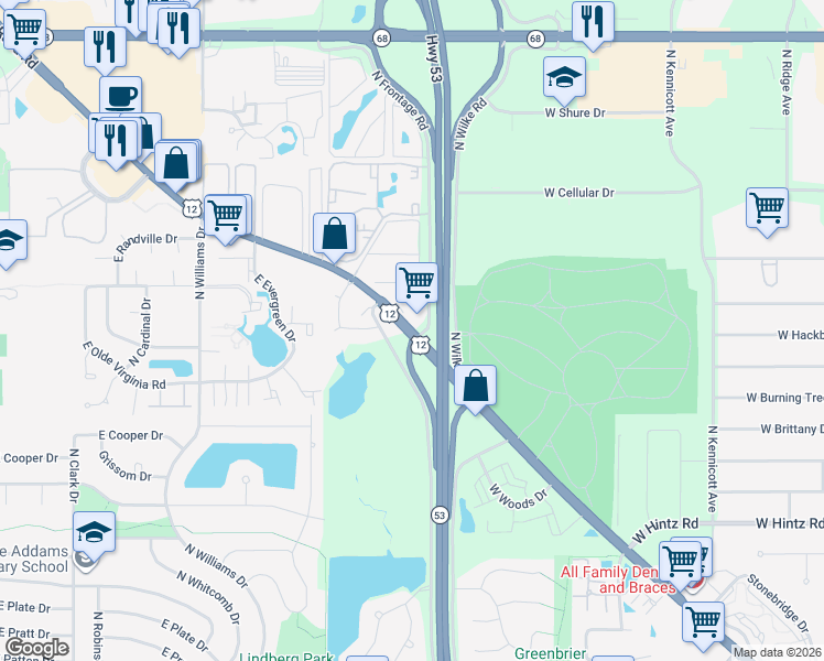 map of restaurants, bars, coffee shops, grocery stores, and more near Rand Road in Arlington Heights
