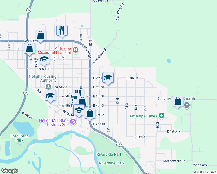 map of restaurants, bars, coffee shops, grocery stores, and more near 600 J Street in Neligh