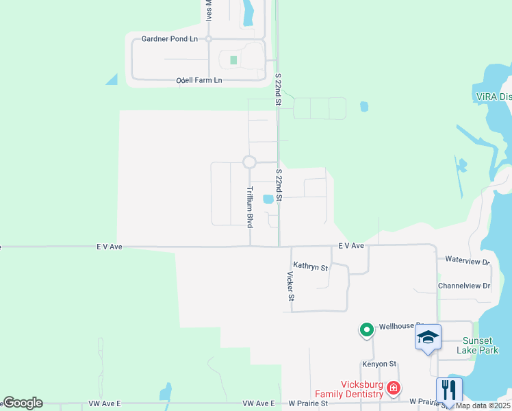 map of restaurants, bars, coffee shops, grocery stores, and more near 1117 Trillium Boulevard in Vicksburg