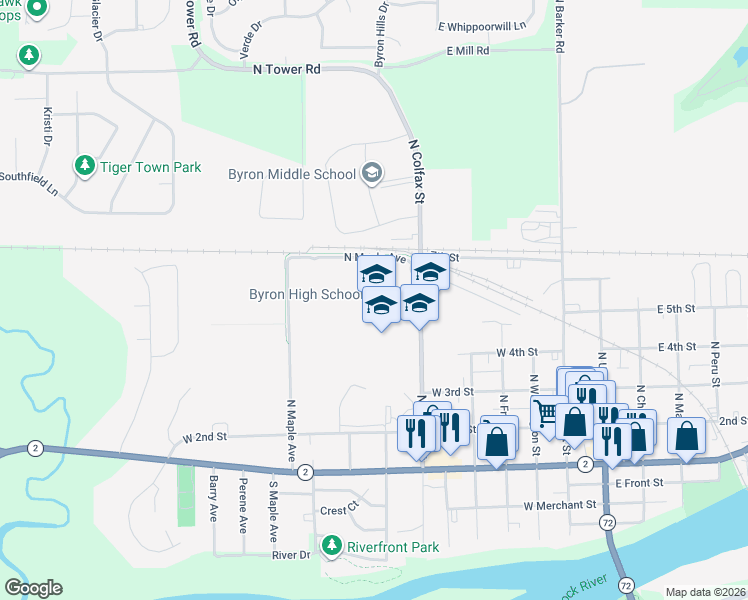 map of restaurants, bars, coffee shops, grocery stores, and more near 696 North Colfax Street in Byron