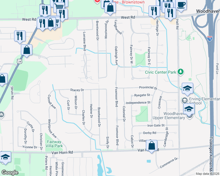 map of restaurants, bars, coffee shops, grocery stores, and more near 24129 Emily Drive in Brownstown Charter Township