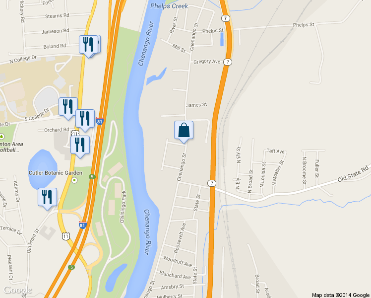 map of restaurants, bars, coffee shops, grocery stores, and more near Chenango Street in Broome County