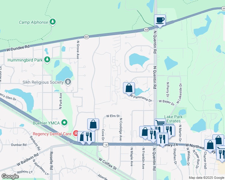 map of restaurants, bars, coffee shops, grocery stores, and more near 1066 North Knollwood Drive in Palatine
