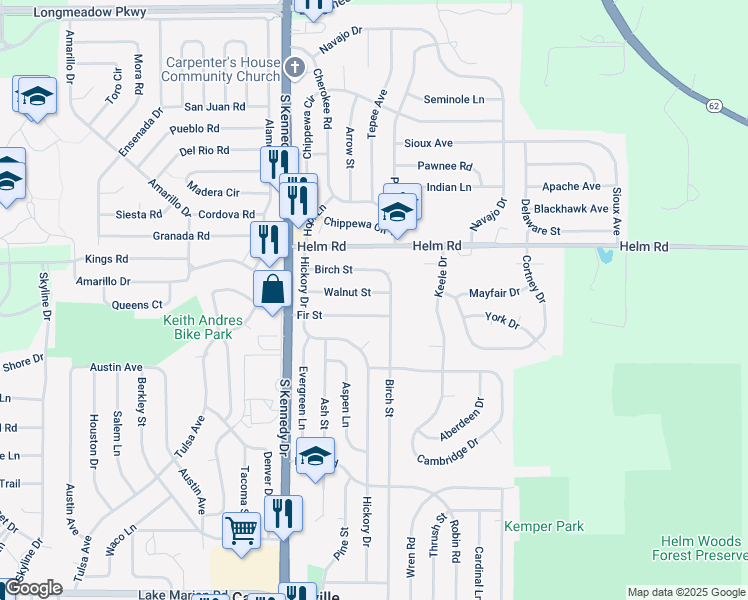 map of restaurants, bars, coffee shops, grocery stores, and more near 23 Walnut Street in Carpentersville