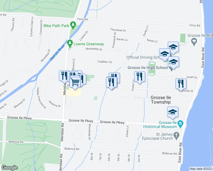 map of restaurants, bars, coffee shops, grocery stores, and more near 8686 Macomb Street in Grosse Ile Township
