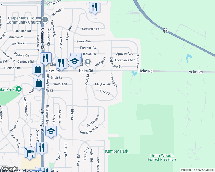 map of restaurants, bars, coffee shops, grocery stores, and more near 1217 Mayfair Drive in Carpentersville