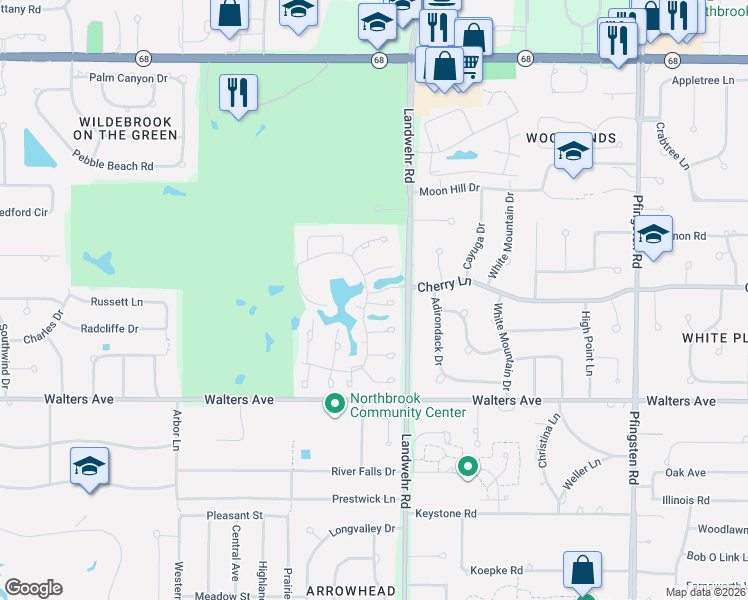 map of restaurants, bars, coffee shops, grocery stores, and more near 10 The Court Of Harbinger Falls in Northbrook