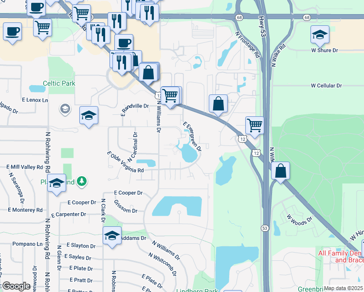 map of restaurants, bars, coffee shops, grocery stores, and more near 1245 East Prairie Brook Drive in Palatine