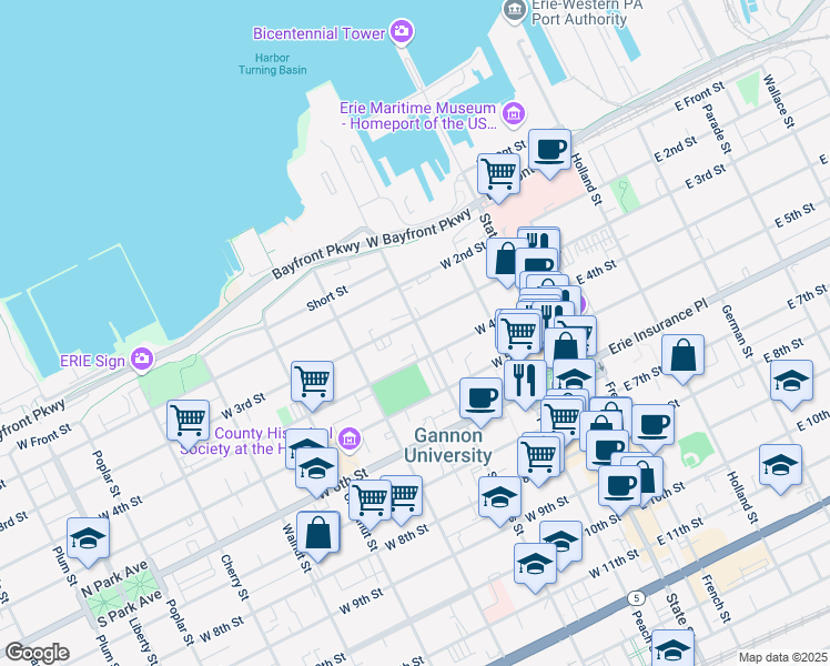 map of restaurants, bars, coffee shops, grocery stores, and more near 310 Sassafras Street in Erie
