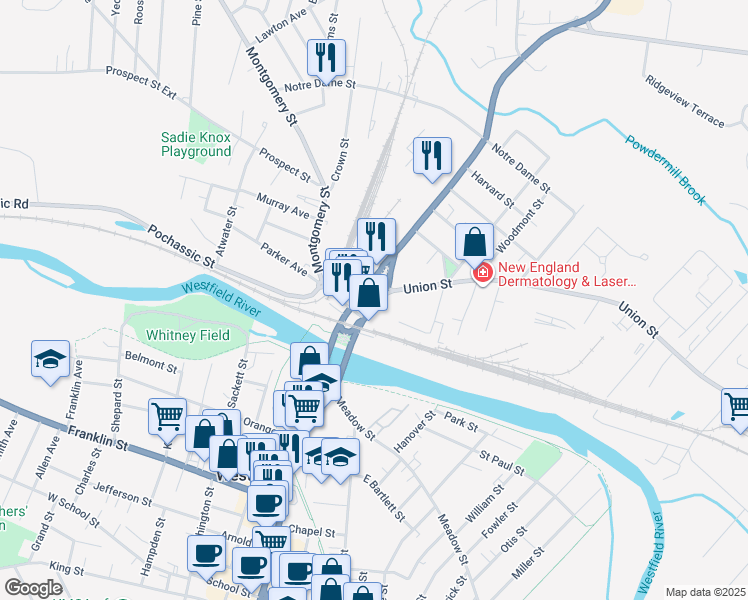 map of restaurants, bars, coffee shops, grocery stores, and more near 9 Union Avenue in Westfield