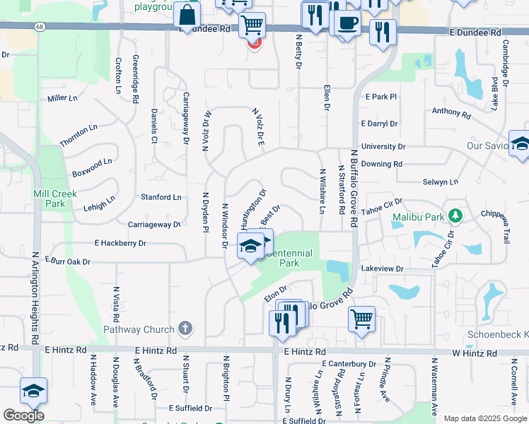 map of restaurants, bars, coffee shops, grocery stores, and more near 1335 East Best Drive in Arlington Heights