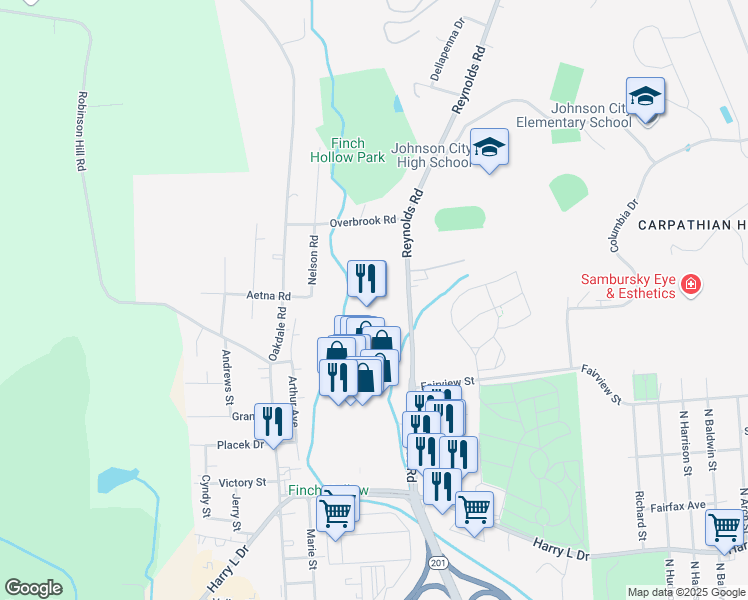 map of restaurants, bars, coffee shops, grocery stores, and more near 501 Reynolds Road in Johnson City