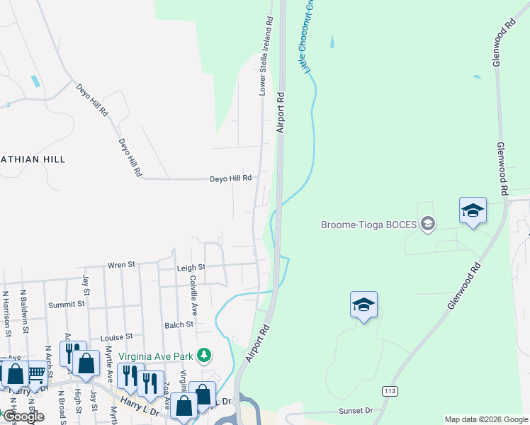 map of restaurants, bars, coffee shops, grocery stores, and more near 254 Lower Stella Ireland Rd in Binghamton