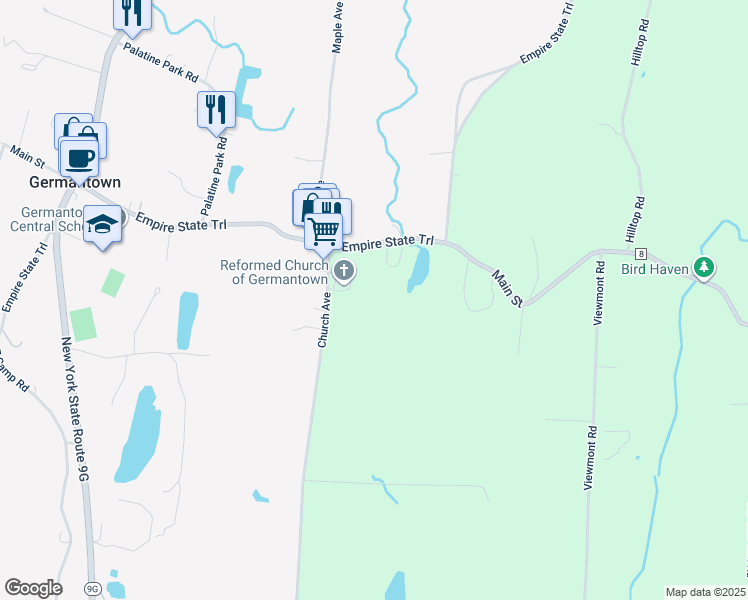 map of restaurants, bars, coffee shops, grocery stores, and more near 22 Church Avenue in Germantown