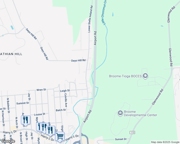 map of restaurants, bars, coffee shops, grocery stores, and more near 254 Lower Stella Ireland Rd in Binghamton