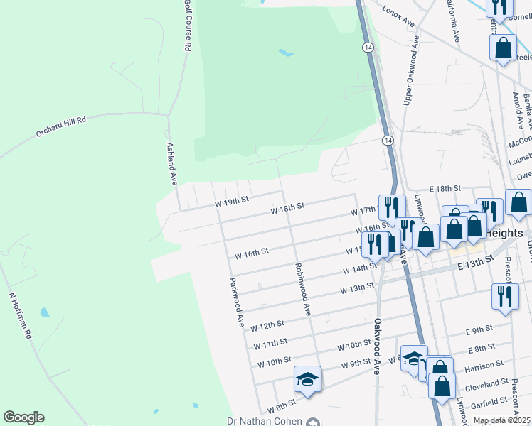 map of restaurants, bars, coffee shops, grocery stores, and more near 265 West 18th Street in Elmira