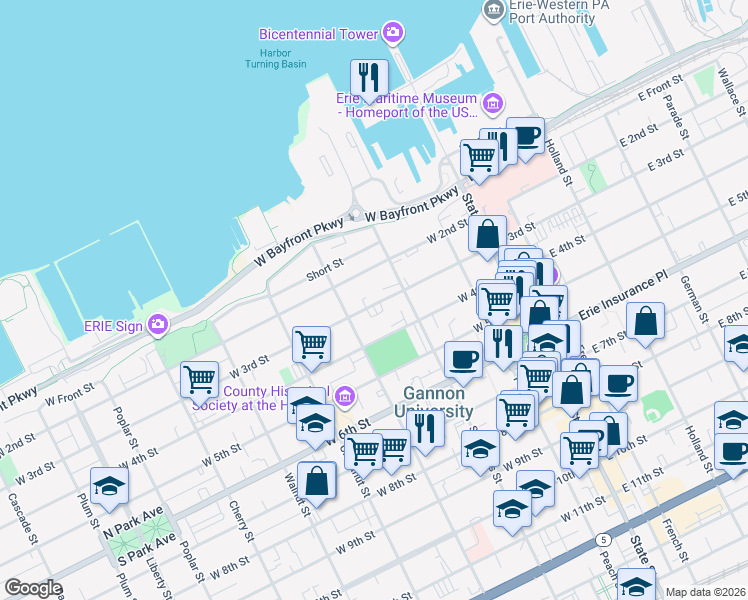 map of restaurants, bars, coffee shops, grocery stores, and more near 242 West 3rd Street in Erie