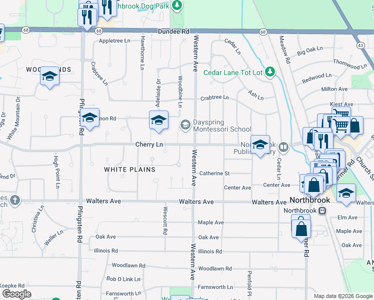 map of restaurants, bars, coffee shops, grocery stores, and more near 2409 Partridge Lane in Northbrook