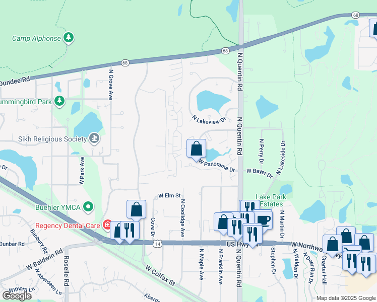 map of restaurants, bars, coffee shops, grocery stores, and more near 1029 North Knollwood Drive in Palatine