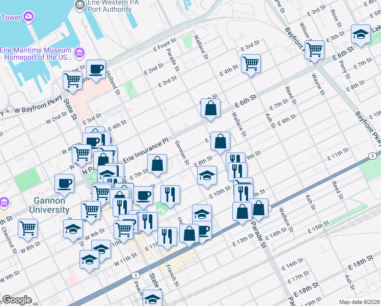 map of restaurants, bars, coffee shops, grocery stores, and more near 313 East 7th Street in Erie