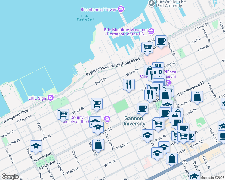 map of restaurants, bars, coffee shops, grocery stores, and more near 242 W 3rd St in Erie