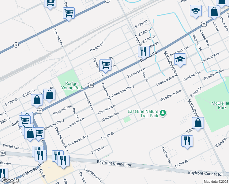 map of restaurants, bars, coffee shops, grocery stores, and more near 1937 Fairmount Parkway in Erie