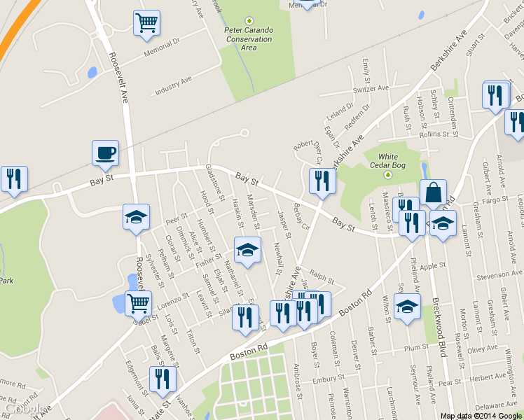 map of restaurants, bars, coffee shops, grocery stores, and more near 14 Crismer Place in Springfield