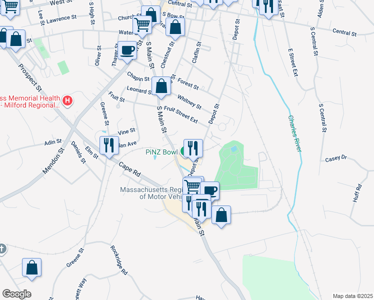map of restaurants, bars, coffee shops, grocery stores, and more near 13 Pouliot Street in Milford