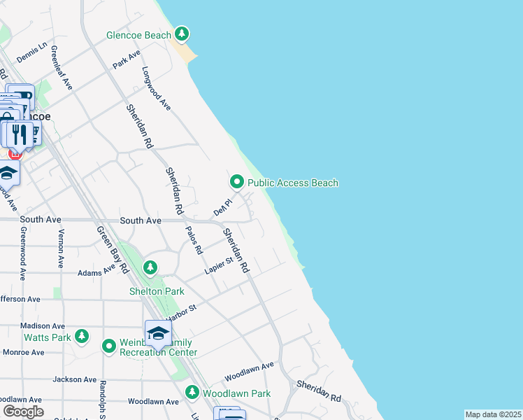 map of restaurants, bars, coffee shops, grocery stores, and more near 3660 Surfside Place in Glencoe