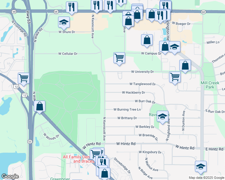 map of restaurants, bars, coffee shops, grocery stores, and more near 807 West Hackberry Drive in Arlington Heights