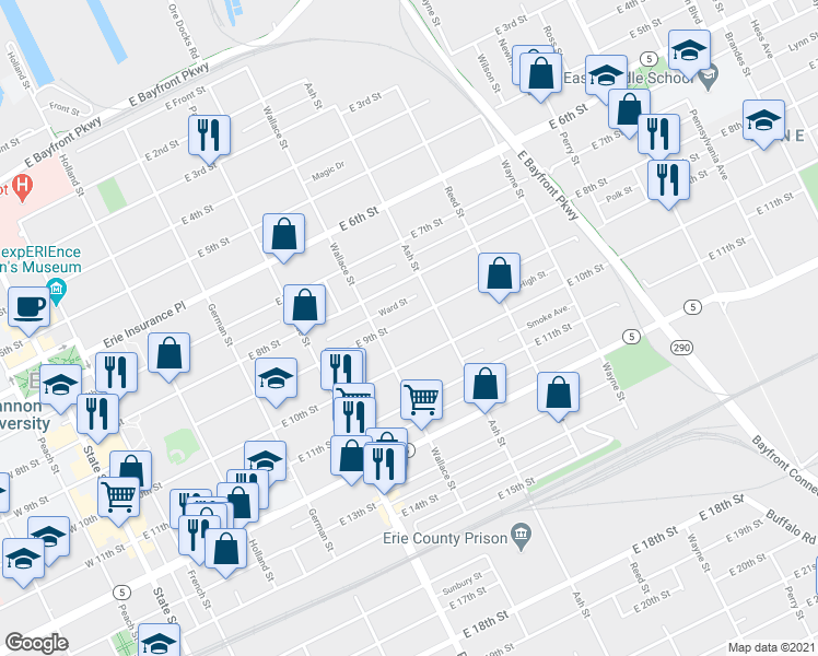 map of restaurants, bars, coffee shops, grocery stores, and more near 533 East 9th Street in Erie