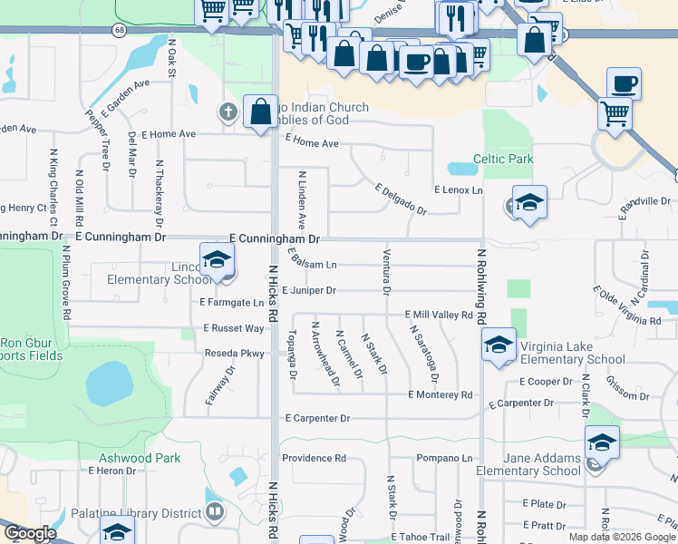map of restaurants, bars, coffee shops, grocery stores, and more near 521 East Balsam Lane in Palatine