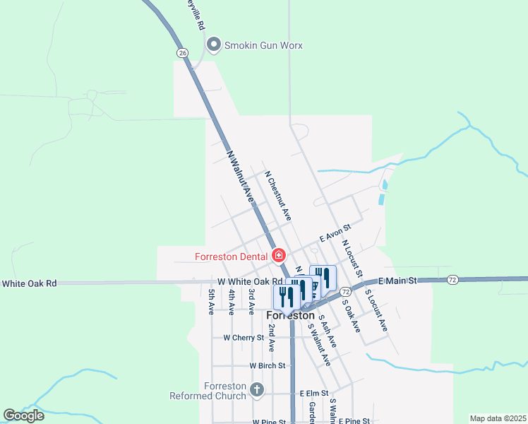 map of restaurants, bars, coffee shops, grocery stores, and more near 408 North Walnut Avenue in Forreston