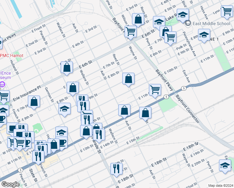 map of restaurants, bars, coffee shops, grocery stores, and more near 614 East 10th Street in Erie