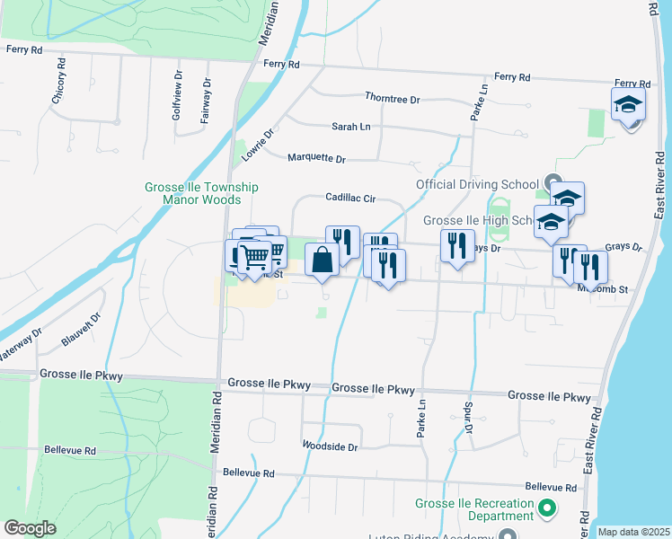 map of restaurants, bars, coffee shops, grocery stores, and more near 8802 Macomb Street in Grosse Ile Township