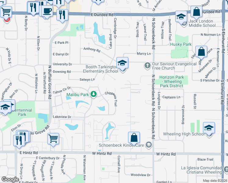 map of restaurants, bars, coffee shops, grocery stores, and more near 1497 Chippewa Trail in Wheeling
