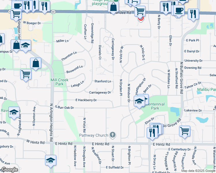 map of restaurants, bars, coffee shops, grocery stores, and more near 6 Ashford Court in Buffalo Grove