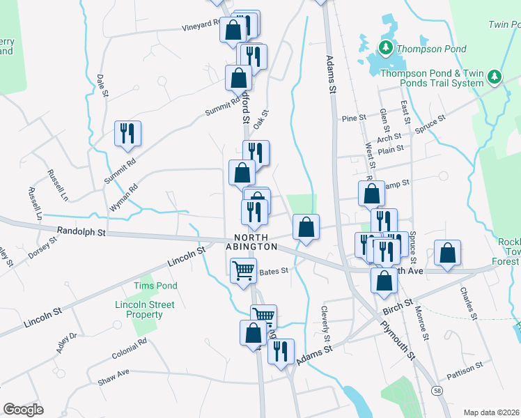 map of restaurants, bars, coffee shops, grocery stores, and more near 4 Winthrop Street in Abington