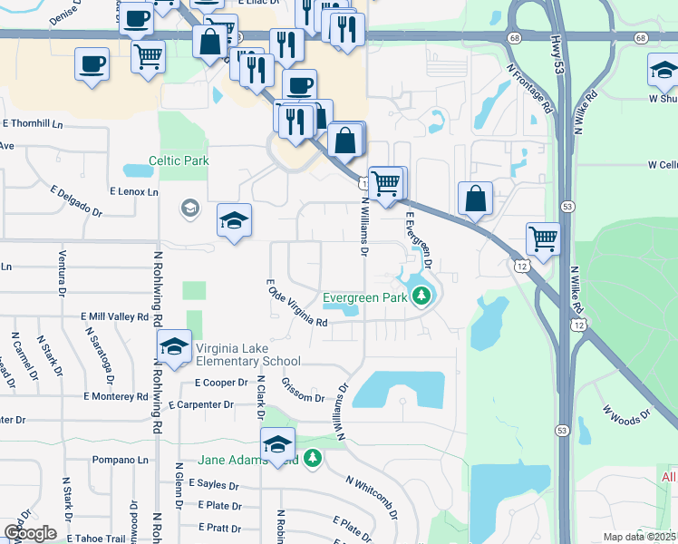 map of restaurants, bars, coffee shops, grocery stores, and more near 1102 East Prairie Brook Drive in Palatine