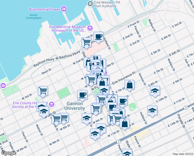 map of restaurants, bars, coffee shops, grocery stores, and more near 411 State Street in Erie