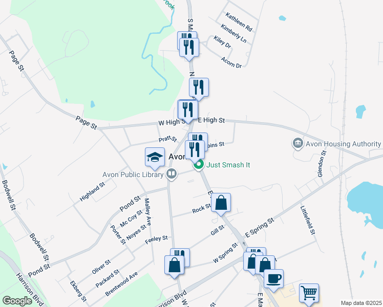 map of restaurants, bars, coffee shops, grocery stores, and more near 21 East Main Street in Avon