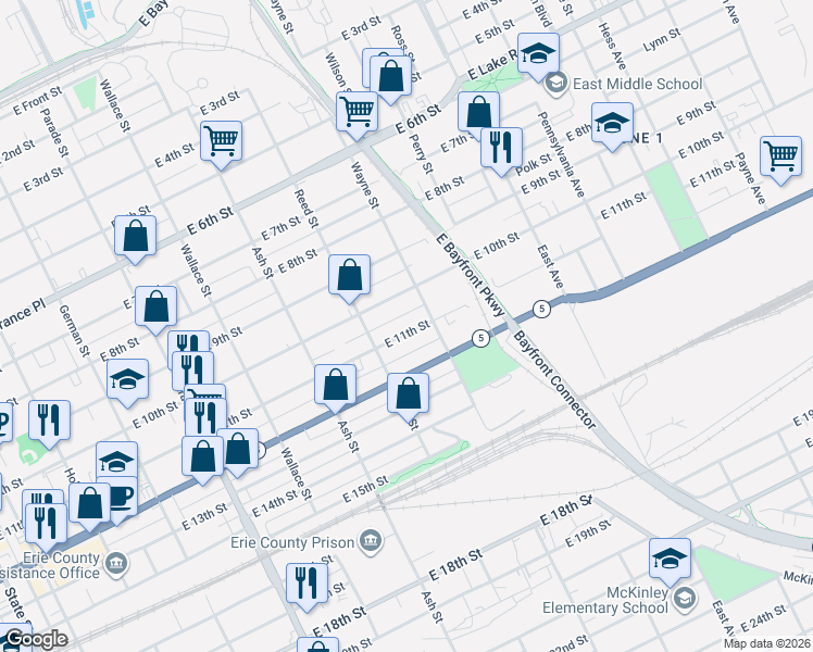 map of restaurants, bars, coffee shops, grocery stores, and more near 725 East 11th Street in Erie